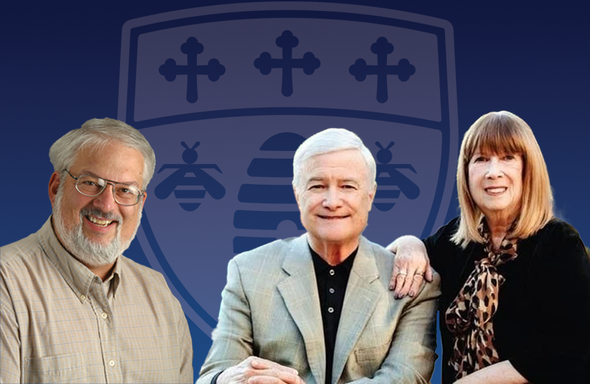 Three McMullen Award recipients smile into the camera against an SAU branded background.